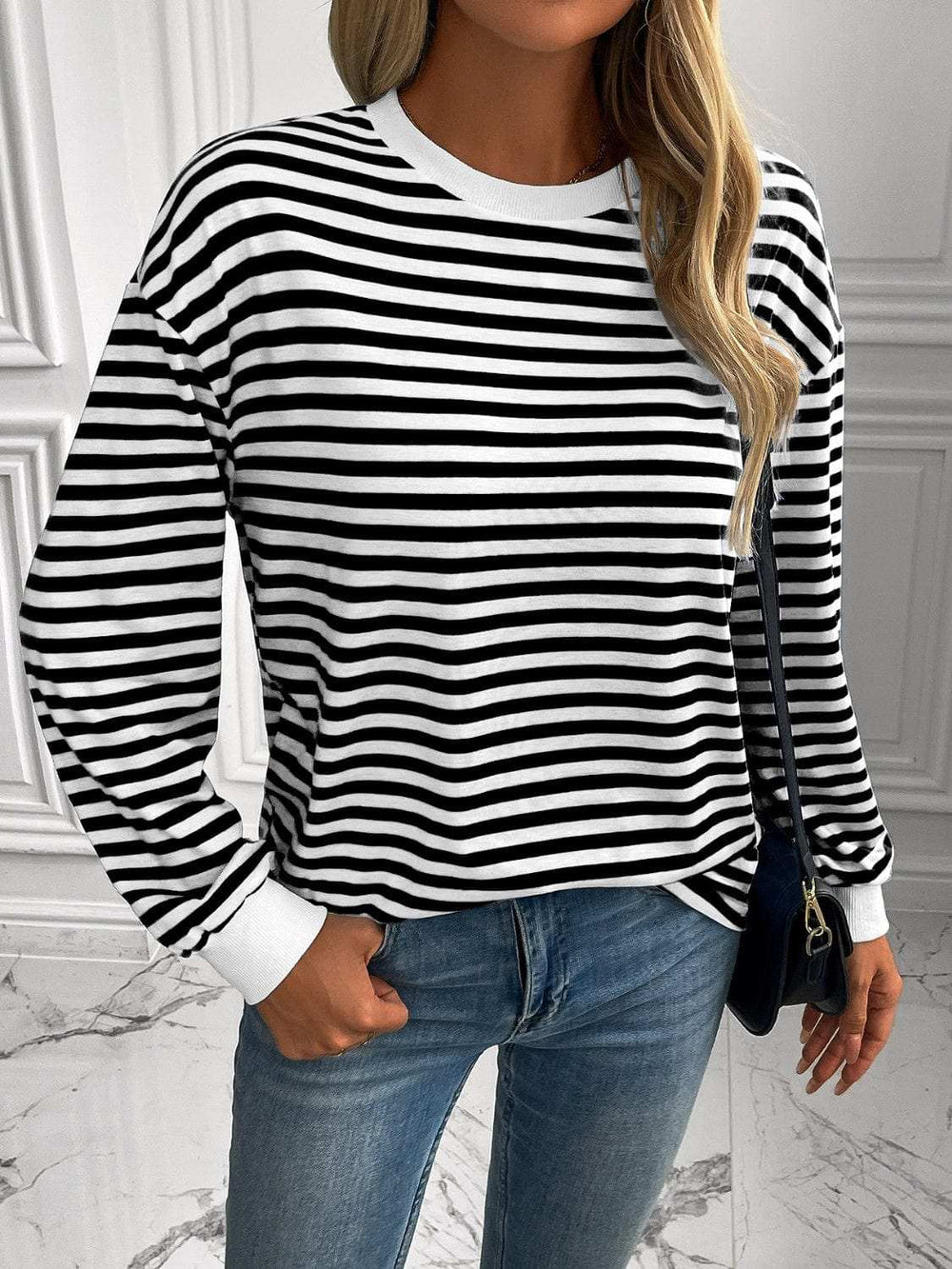 Ivy Lane Striped Round Neck Long Sleeve Sweatshirt - Trendsi - Flyclothing LLC