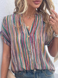 Striped Notched Short Sleeve Blouse - Trendsi