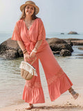 Plus Size Button Up Half Sleeve Top and Pants Set - Trendsi - Flyclothing LLC