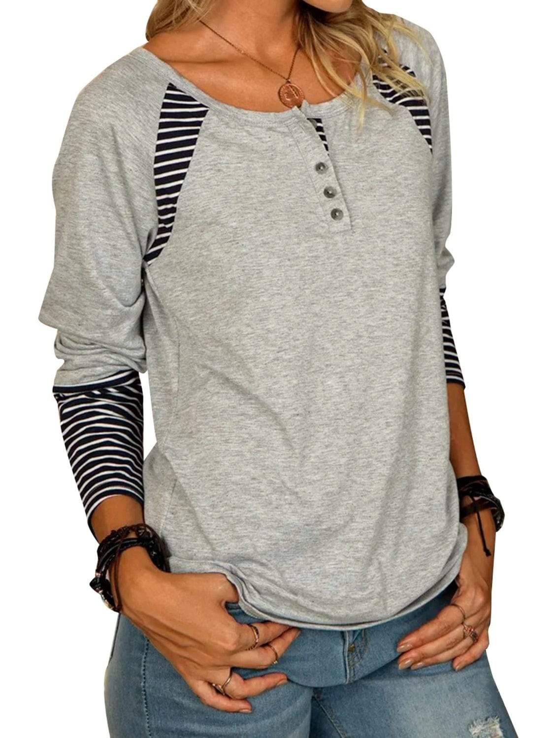 Full Size Striped Quarter Button Long Sleeve T-Shirt - Trendsi - Flyclothing LLC