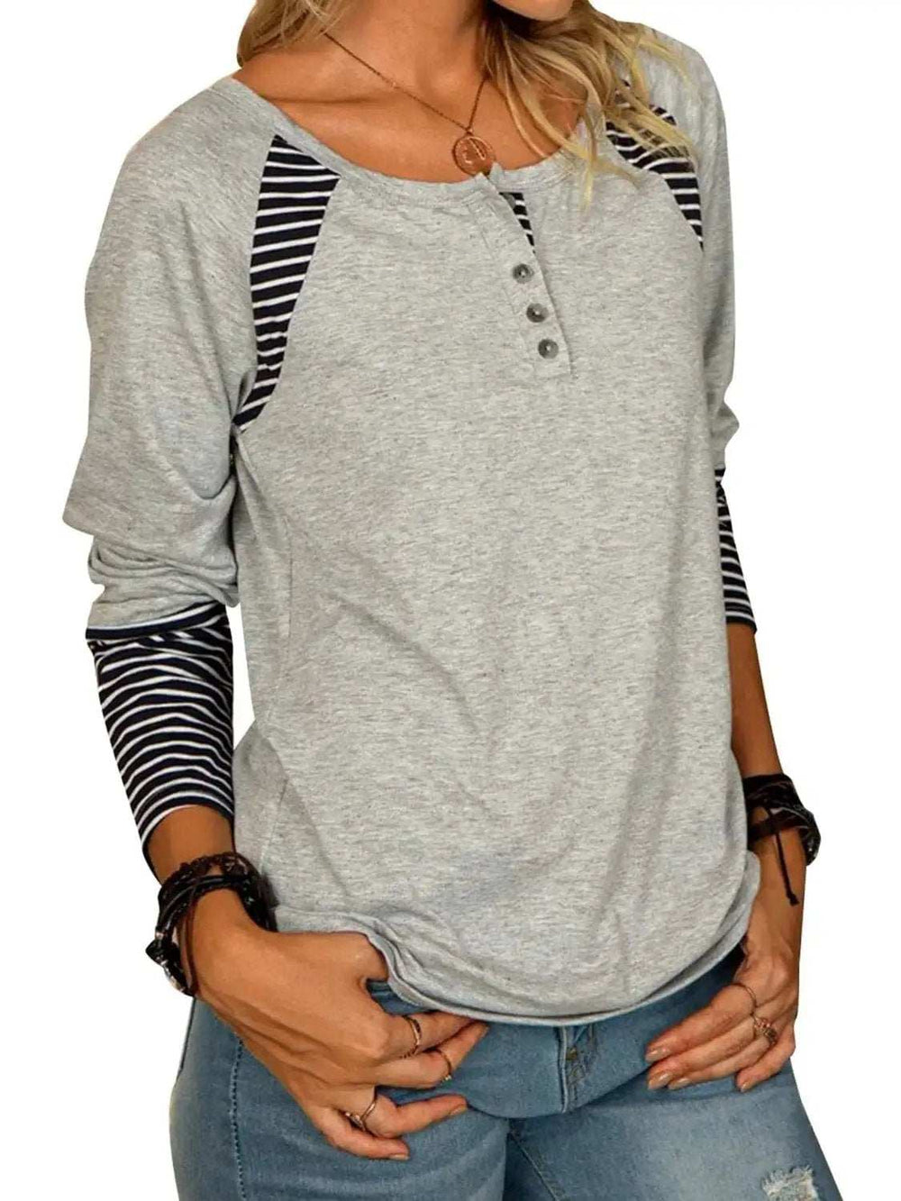 Full Size Striped Quarter Button Long Sleeve T-Shirt - Trendsi - Flyclothing LLC