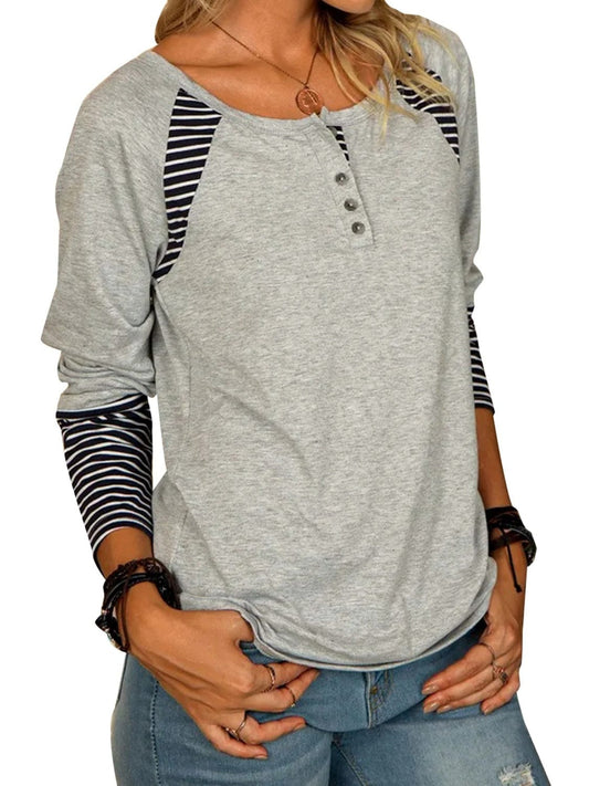 Full Size Striped Quarter Button Long Sleeve T-Shirt - Trendsi