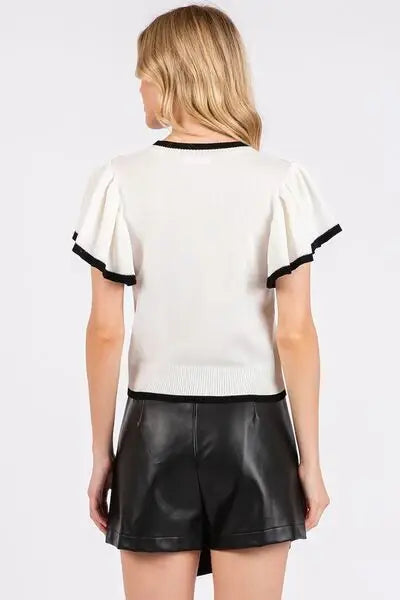 Mittoshop Contrast Trim Ruffled Cap Sleeve Knit Top - Trendsi - Flyclothing LLC