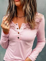 Lace Half Snap Long Sleeve T-Shirt - Trendsi - Flyclothing LLC
