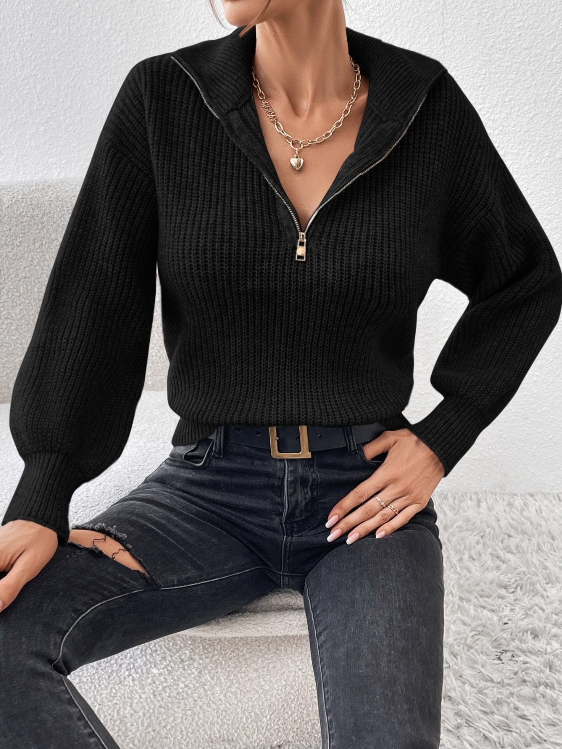 Honey Half Zip Dropped Shoulder Sweater - Trendsi