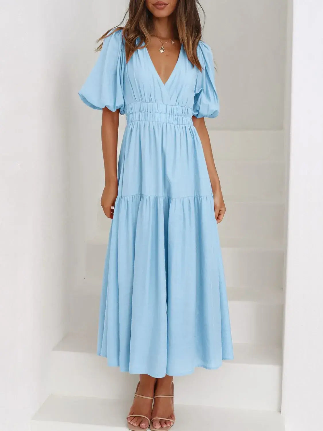 V-Neck Puff Sleeve Midi Dress - Trendsi - Flyclothing LLC