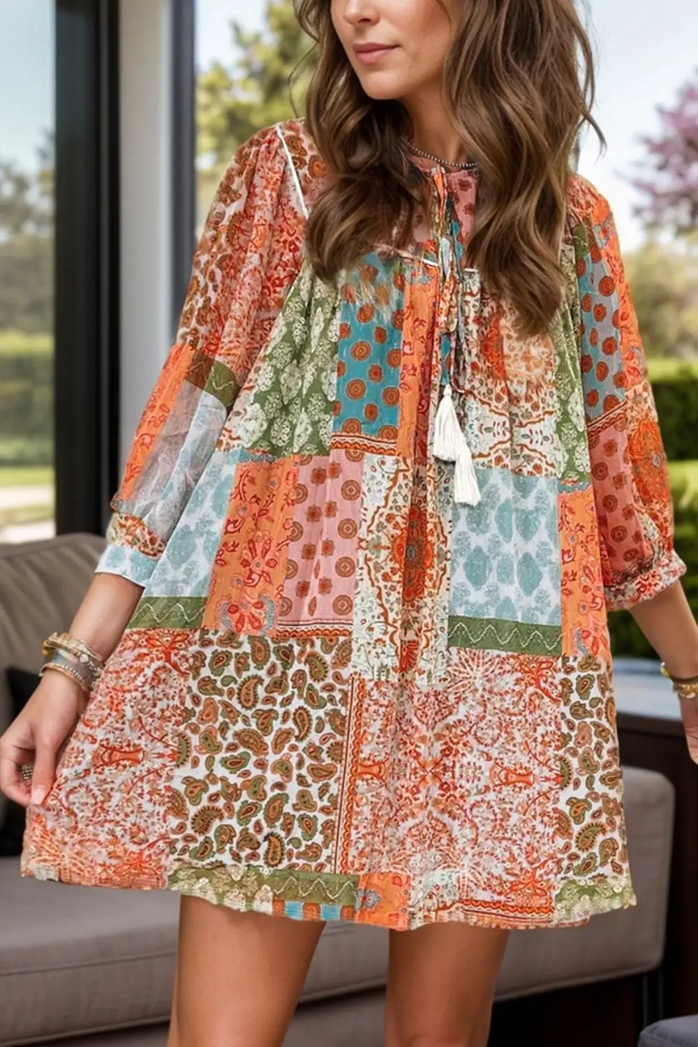 Tassel Printed Three-Quarter Sleeve Mini Dress - Trendsi