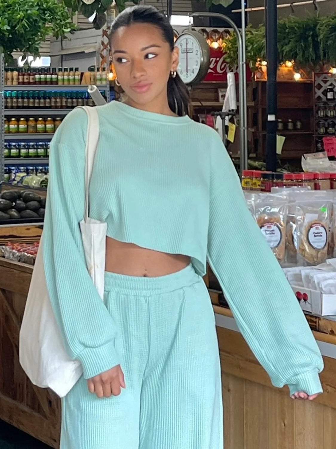 Waffle-Knit Round Neck Top and Pants Set - Trendsi - Flyclothing LLC