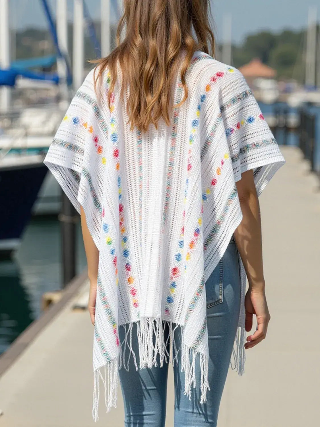 Openwork Fringe Open Front Knit Cape - Trendsi - Flyclothing LLC