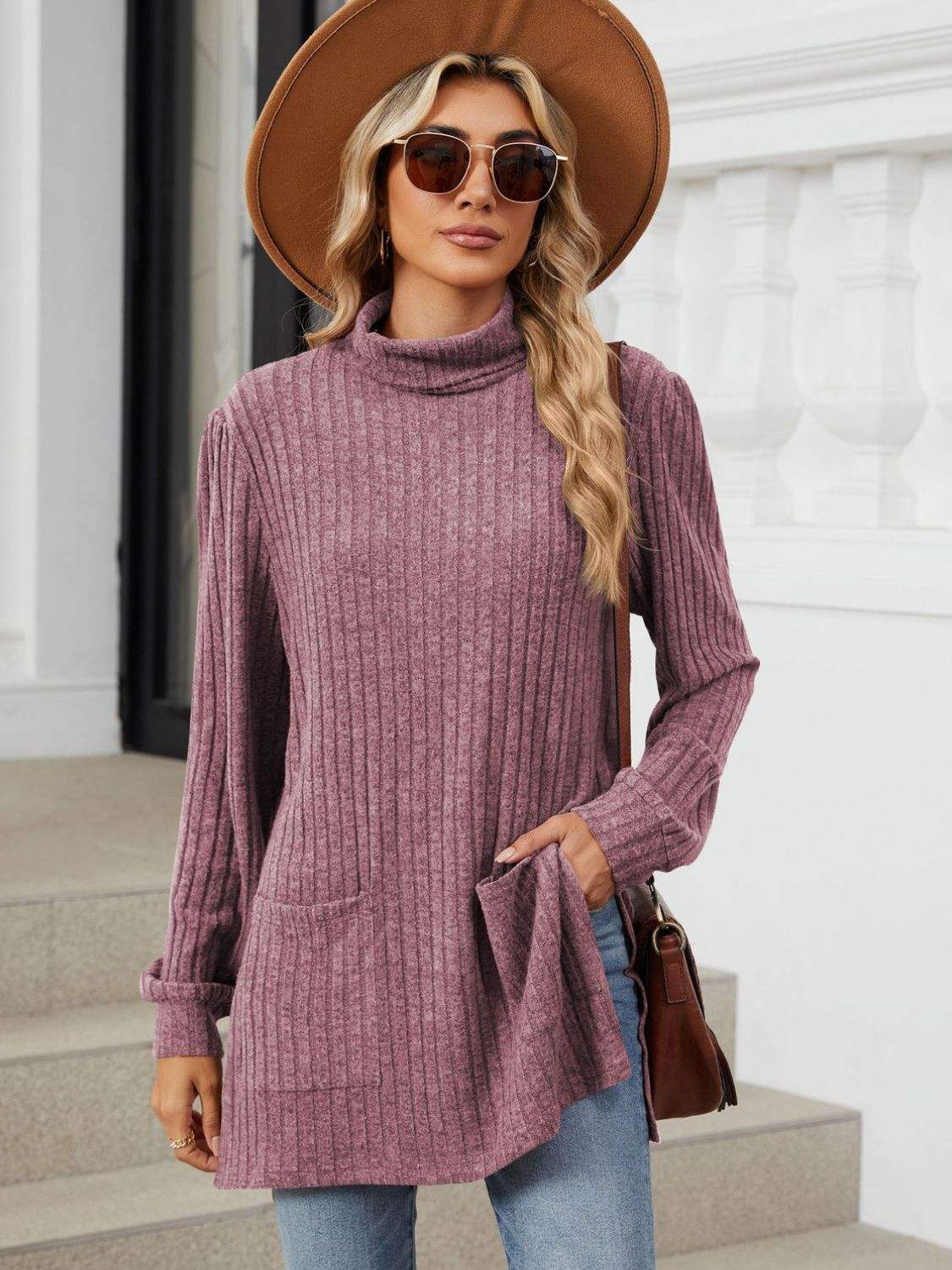 Slit Mock Neck Long Sleeve T-Shirt - Trendsi - Flyclothing LLC