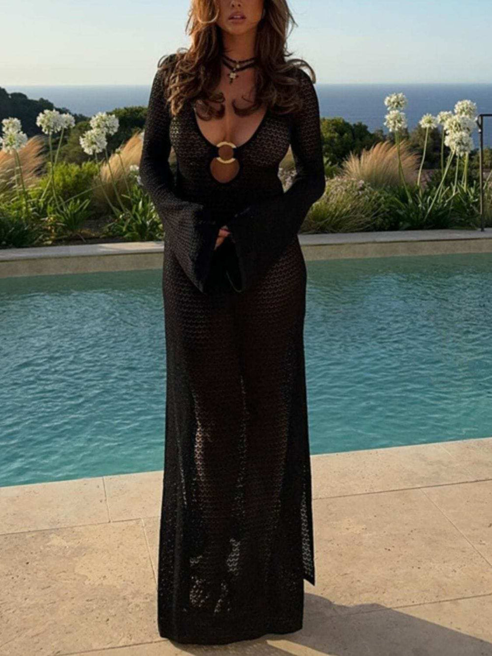 Slit Plunge Flare Sleeve Cover-Up Dress - Trendsi - Flyclothing LLC