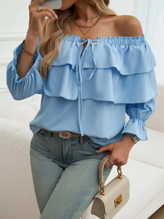 Off-Shoulder Flounce Sleeve Blouse - Trendsi - Flyclothing LLC