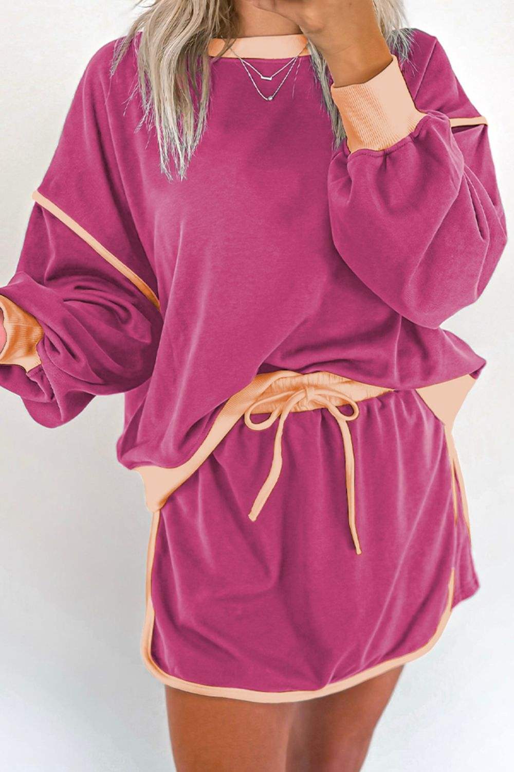 Contrast Trim Round Neck Top and Skort Set - Trendsi - Flyclothing LLC