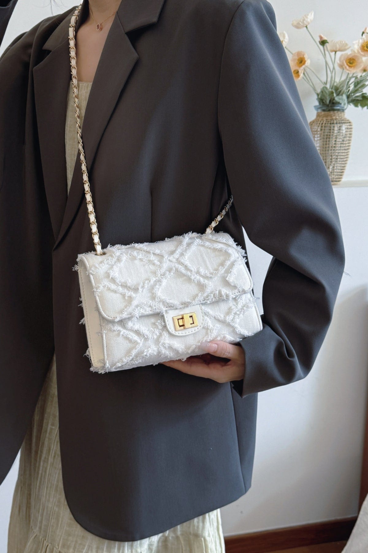 Raw Hem Denim Crossbody Bag - Trendsi
