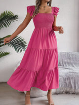 Smocked Square Neck Cap Sleeve Midi Dress - Trendsi - Flyclothing LLC