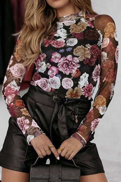Floral Mock Neck Long Sleeve Mesh Top - Trendsi - Flyclothing LLC