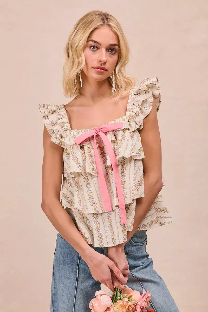 BiBi Floral Printed Woven Front Bow Tied Ruffled Square Neck Sleeveless Top - Trendsi - Flyclothing LLC