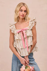 BiBi Floral Printed Woven Front Bow Tied Ruffled Square Neck Sleeveless Top - Trendsi - Flyclothing LLC