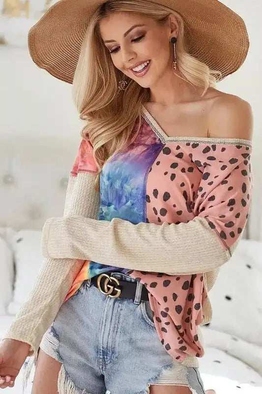 BiBi Print Block V Neck Top with Contrast Stitching - Trendsi - Flyclothing LLC