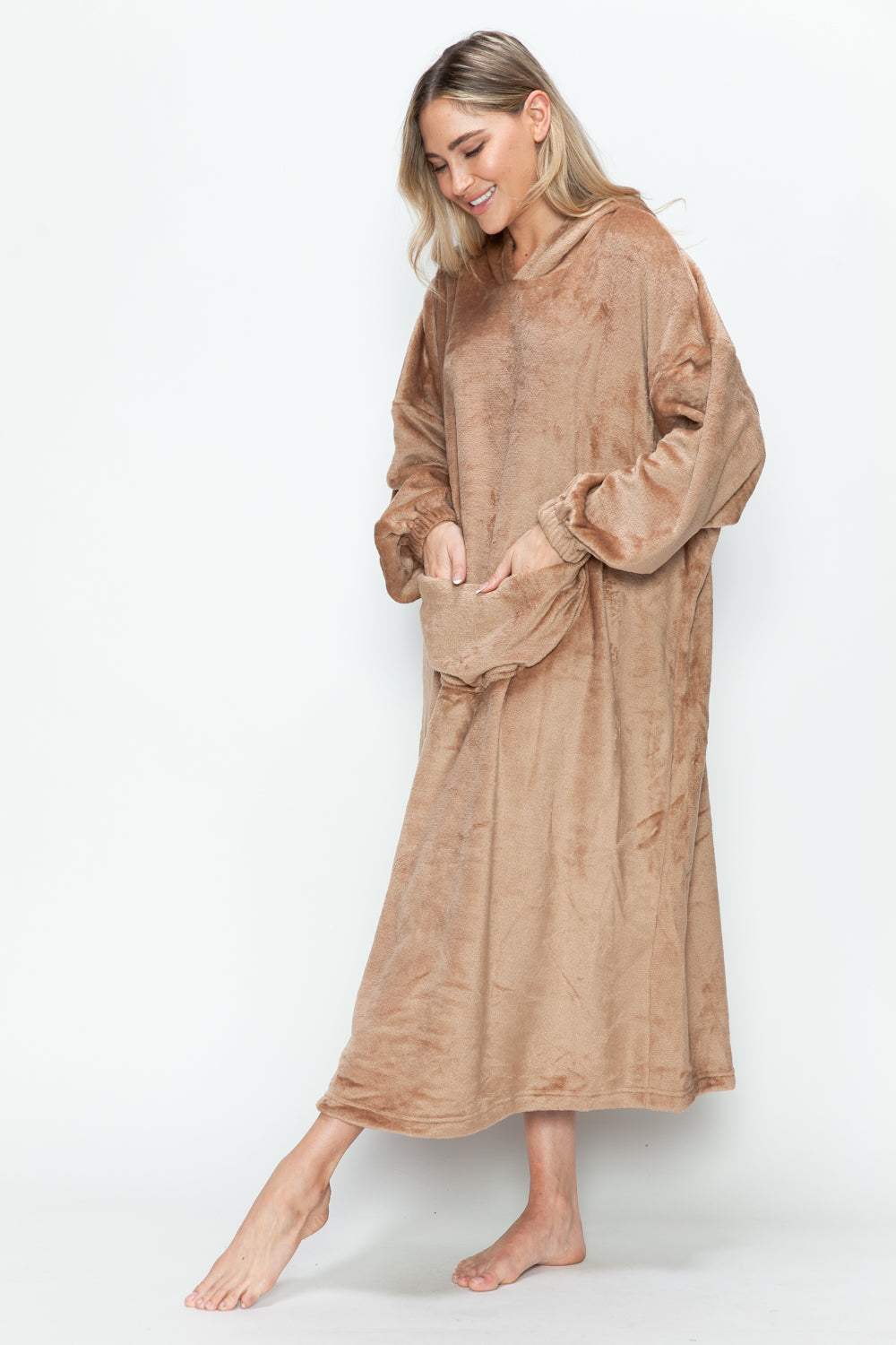 Double Take Full Size Pocketed Hooded Midi Lounge Dress - Trendsi - Flyclothing LLC