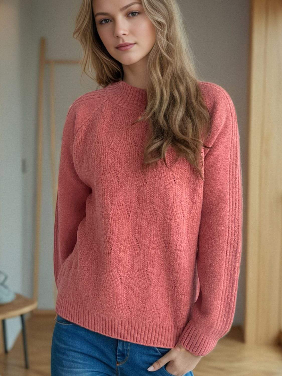 Mock Neck Long Sleeve Sweater - Trendsi - Flyclothing LLC