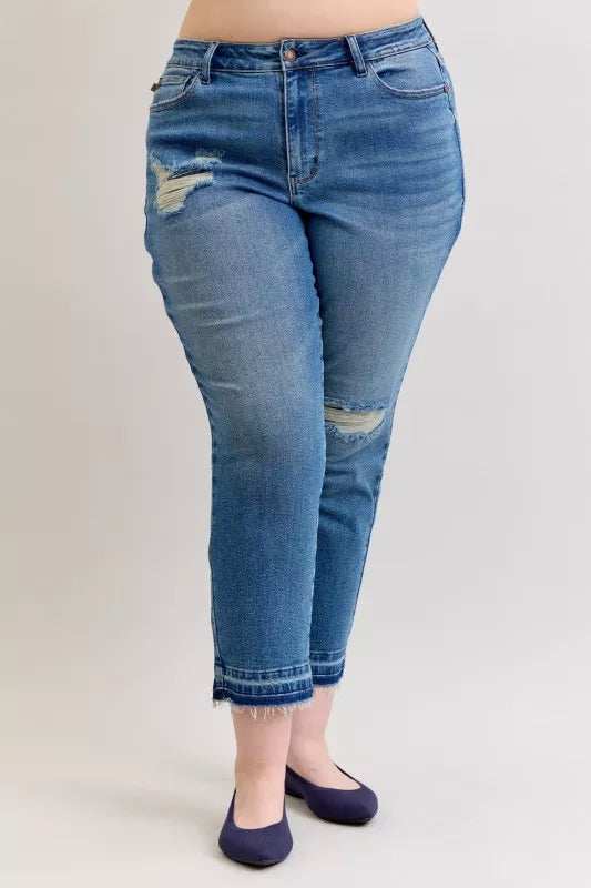 Judy Blue Full Size Mid Rise Bf Patch & Repair Destroy Release Hem Jeans Plus Size - Trendsi - Flyclothing LLC