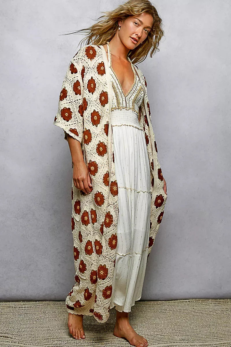 POL Open Front Floral Crochet Longline Cardigan - Trendsi - Flyclothing LLC