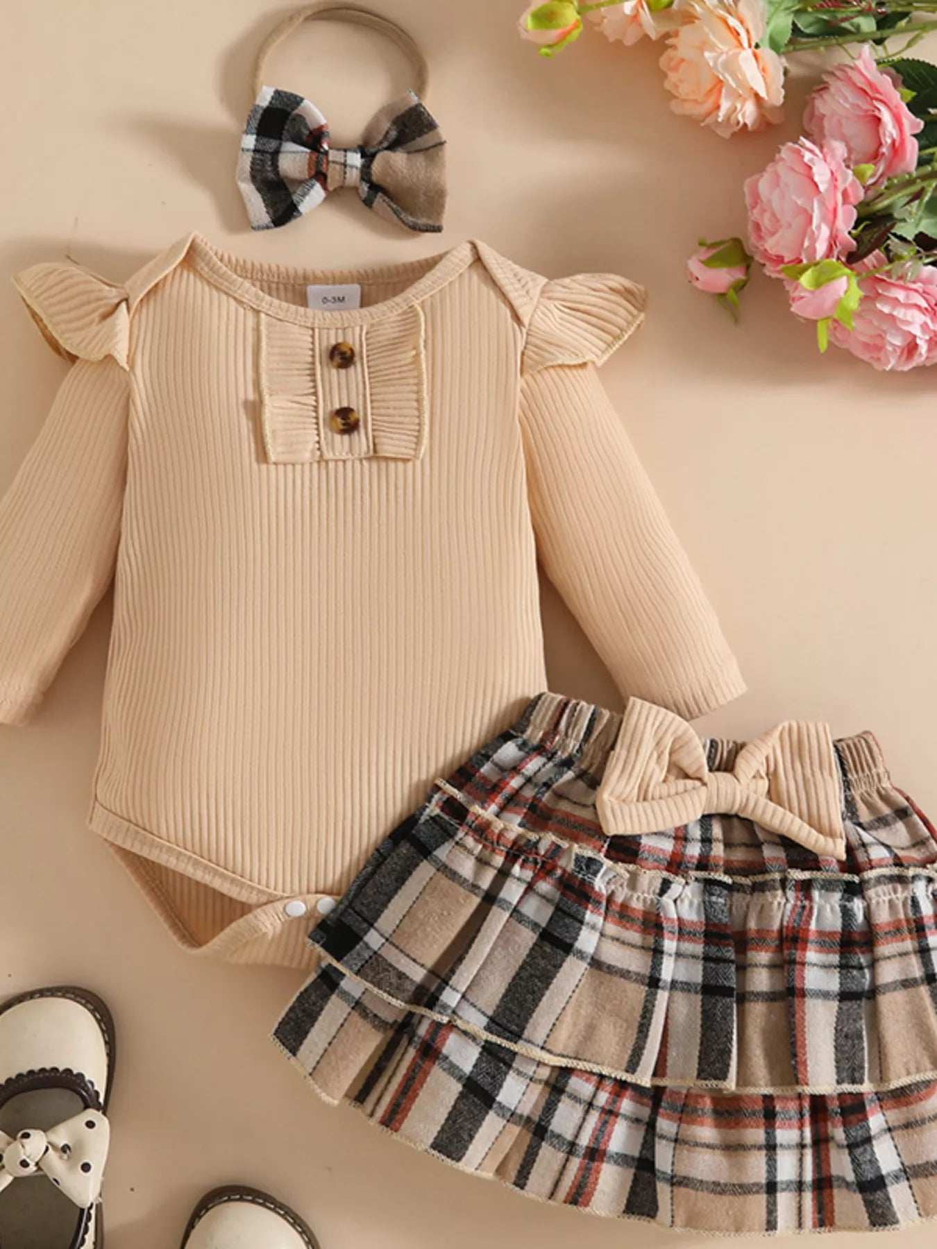 Children's Ruffled Ribbed Bodysuit and Skirt Set with Headband - Trendsi - Flyclothing LLC