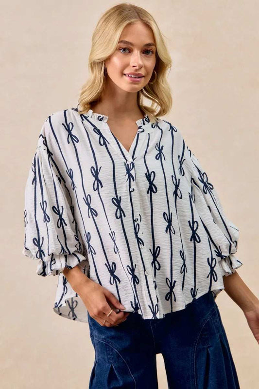 BiBi Bow Ribbon Printed Woven Bubble Sleeves Top - Trendsi - Flyclothing LLC