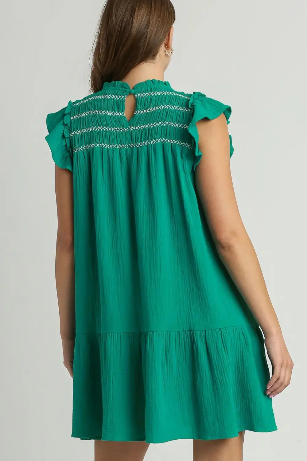Umgee Full Size Smocked Contrast Stitching Ruffle Cap Sleeve Round Neck Dress Plus Size - Trendsi - Flyclothing LLC