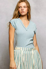 POL V-Neck Short Sleeve Washed T-Shirt with Outseam - Trendsi - Flyclothing LLC