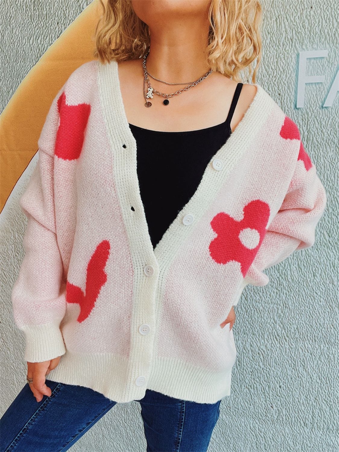 Flower Button Down V-Neck Long Sleeve Cardigan - Trendsi