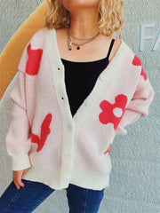 Flower Button Down V-Neck Long Sleeve Cardigan - Trendsi