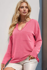 Double Take Striped Notched Long Sleeve T-Shirt - Trendsi - Flyclothing LLC