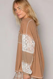POL V-Neck Lace Balloon Sleeve Exposed Seam Top - Trendsi
