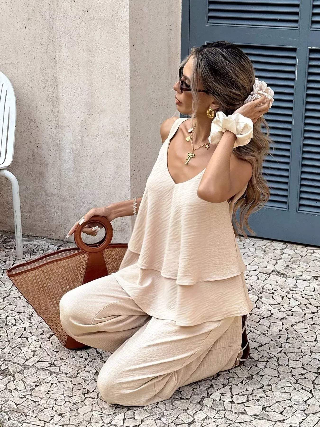 V-Neck Top and Wide-Leg Pants Set - Trendsi - Flyclothing LLC