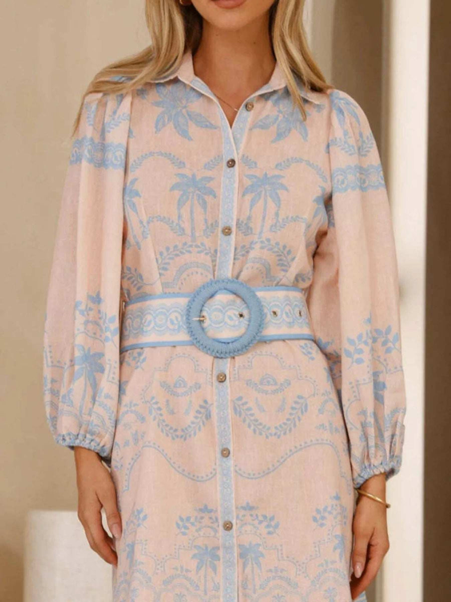 Printed Button Down Shirt Dress with Belt - Trendsi - Flyclothing LLC