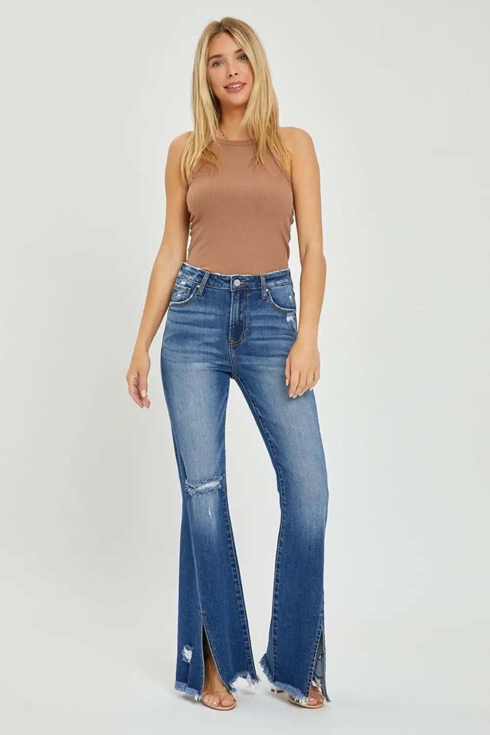 RISEN Full Size High Rise Front Slit Frayed Hem Flare Jeans - Trendsi - Flyclothing LLC