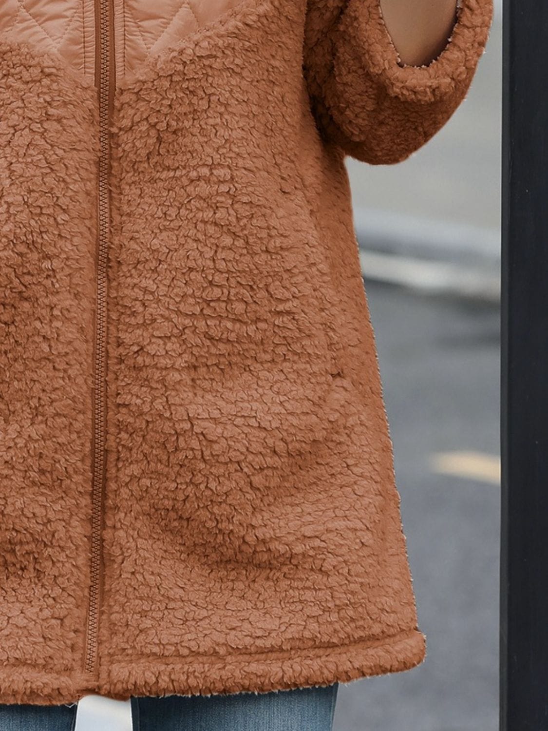 Fuzzy Zip Up Long Sleeve Hooded Jacket - Trendsi