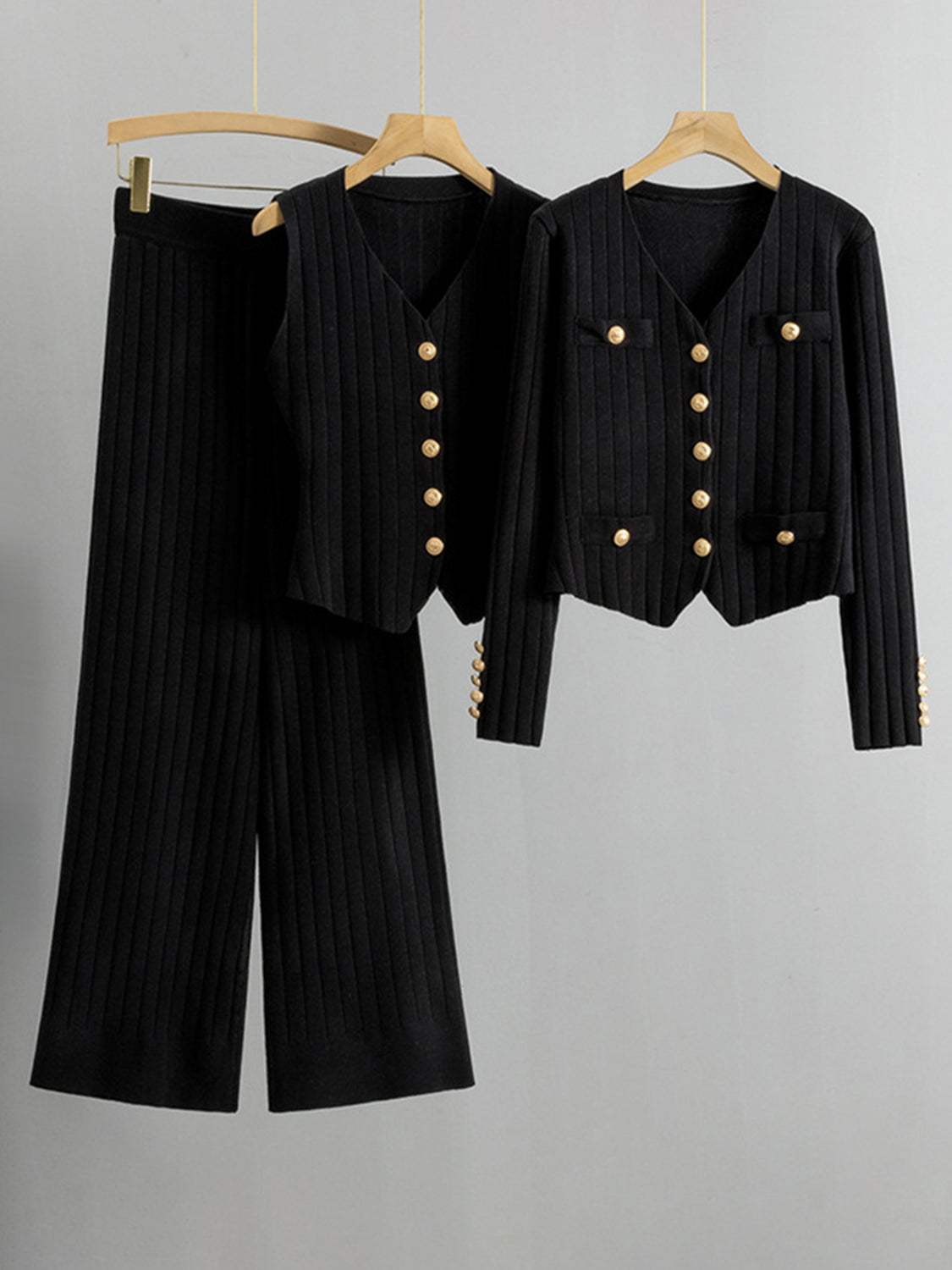 V-Neck Tank, Cardigan and Pants Three-Piece Sweater Set - Trendsi - Flyclothing LLC