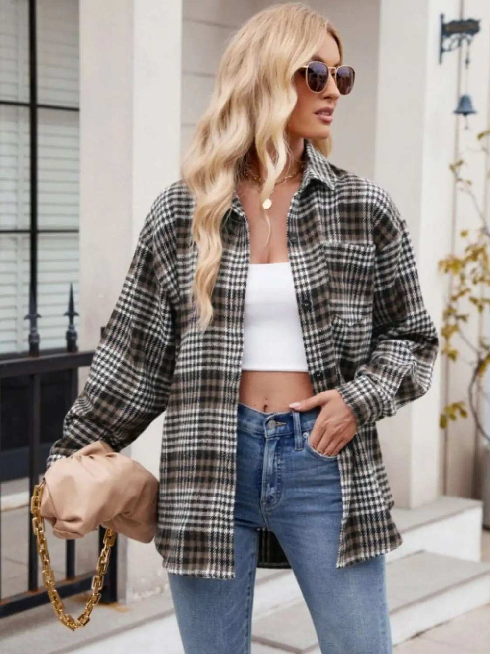Pocketed Plaid Collared Neck Long Sleeve Shirt - Trendsi - Flyclothing LLC