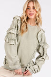 Mittoshop Ruffled Mineral Washed Round Neck Long Sleeve Sweatshirt - Trendsi