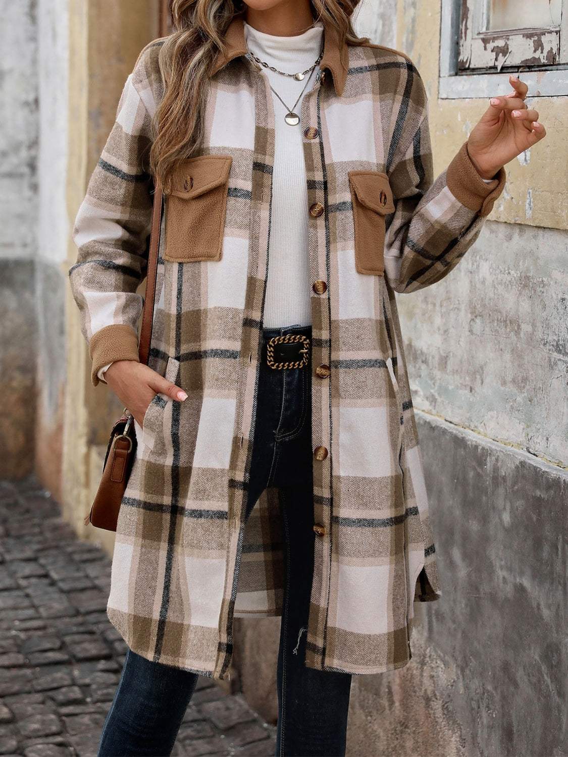 Plaid Button Up Long Sleeve Coat - Trendsi - Flyclothing LLC