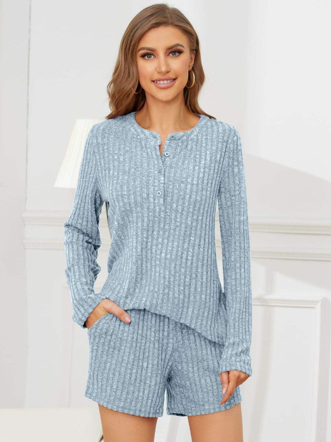 Ribbed Round Neck Top and Shorts Set - Trendsi - Flyclothing LLC