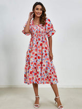 Smocked Floral Square Neck Short Sleeve Dress - Trendsi - Flyclothing LLC