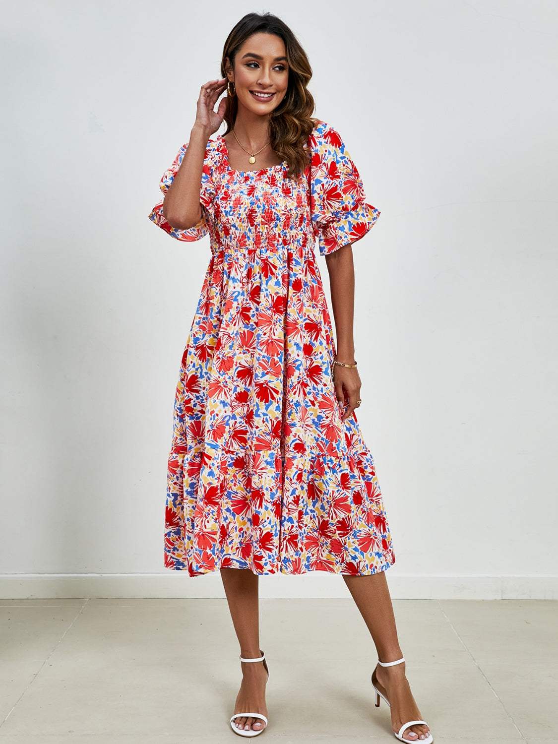 Smocked Floral Square Neck Short Sleeve Dress - Trendsi - Flyclothing LLC