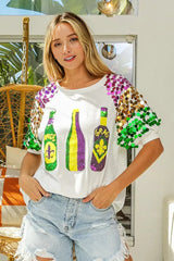 BiBi Sequin Mardi Gras Bottles Spangled Sleeve Top - Trendsi - Flyclothing LLC