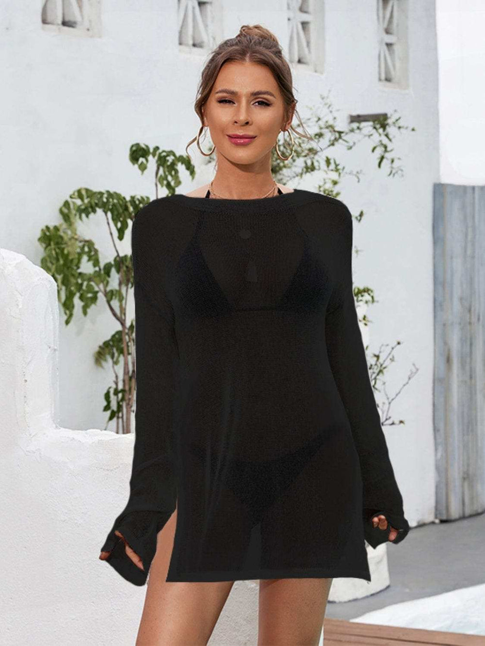 Slit Boat Neck Dropped Shoulder Cover-Up - Trendsi - Flyclothing LLC