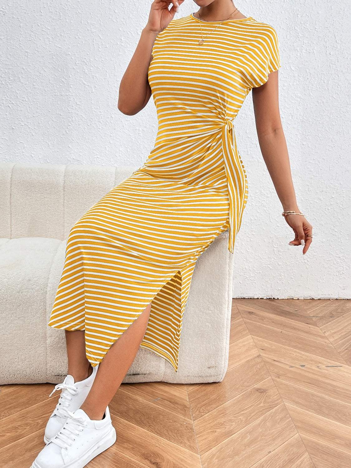 Tied Striped Round Neck Short Sleeve Tee Dress - Trendsi - Flyclothing LLC