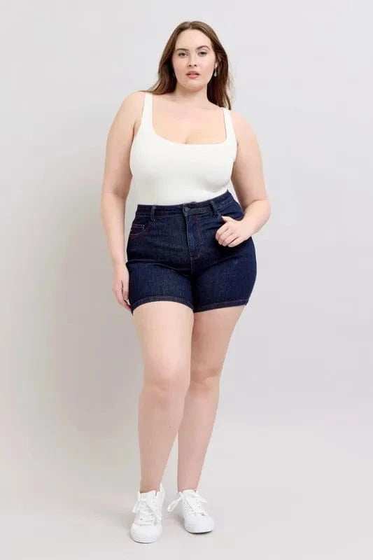 Judy Blue Full Size High Waist Heart Shaped Pkts & Red Contrast Thread Denim Shorts Plus Size - Trendsi - Flyclothing LLC